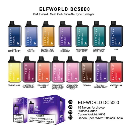 Customizable Elfworld Disposable Vape Pen Dc 15 Flavors 5000 Puffs